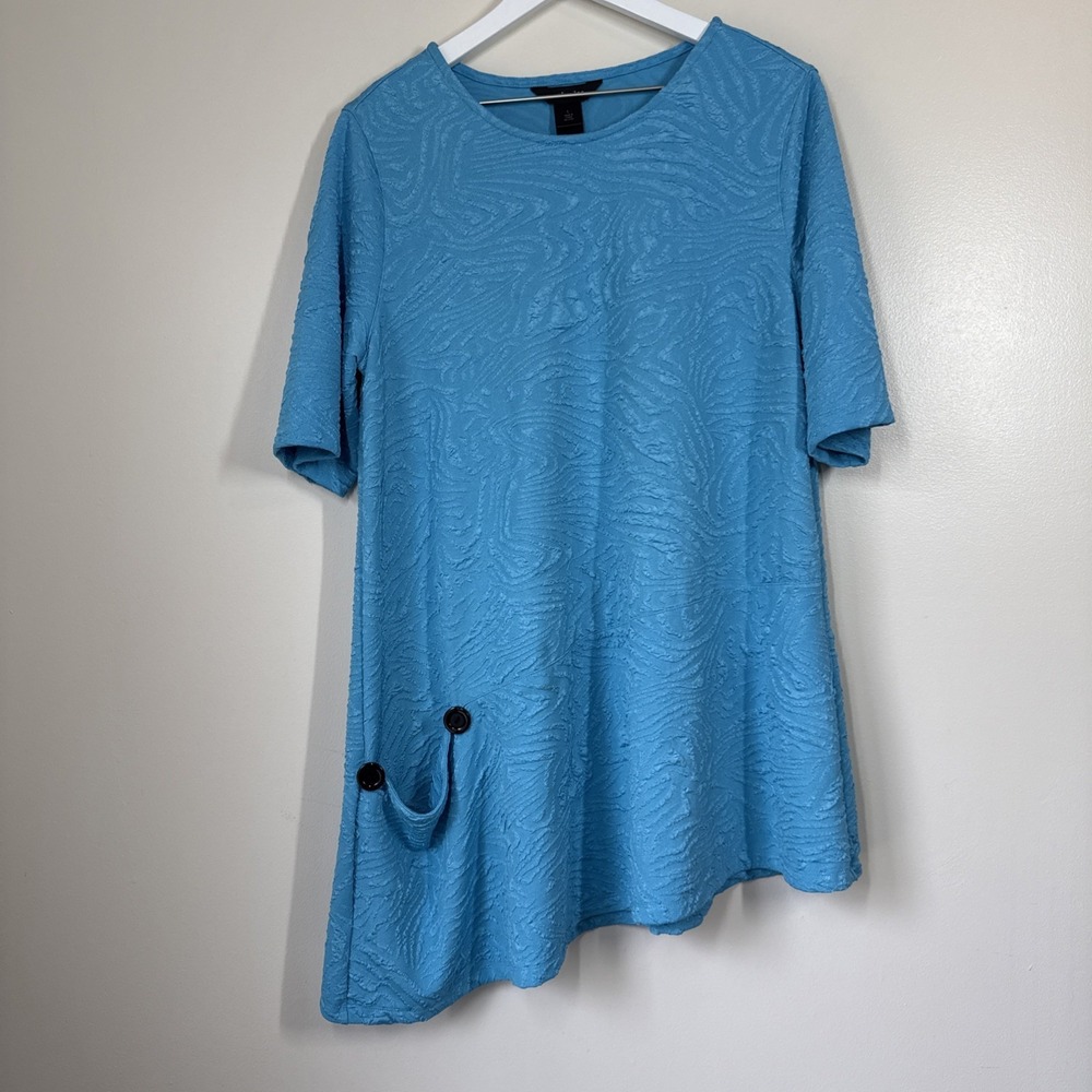 Ali Miles Top Womens L Blue Textured Asymmetrical Tunic Minimalist Artsy Flowy